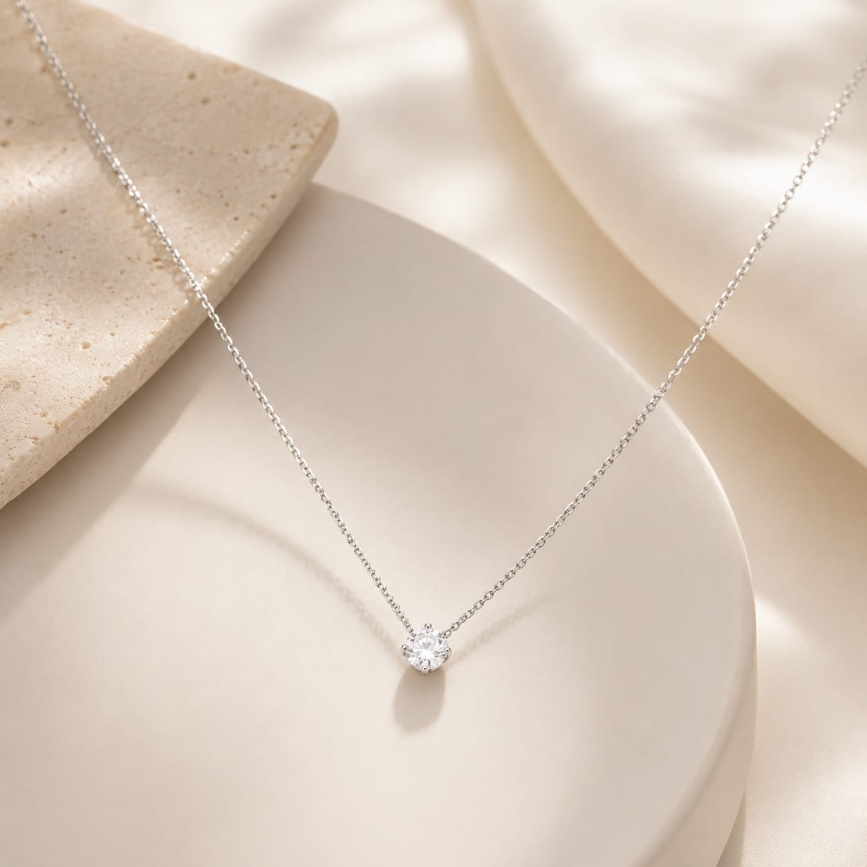 classic solitaire necklace with round crystal pendant on silver chain minimal elegant jewelry