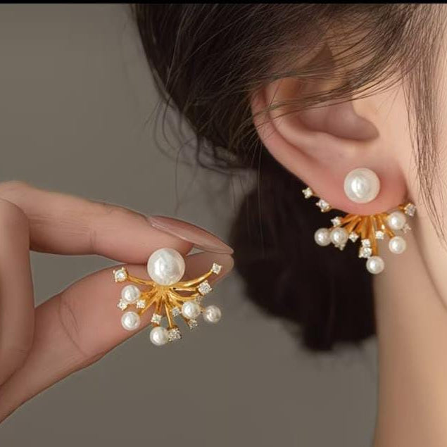 gold sunburst stud earrings with faux pearl cluster and cubic zirconia crystals in elegant lightweight design