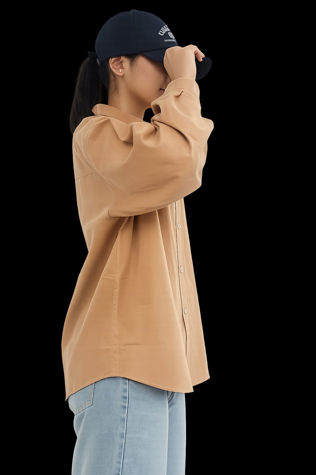 Model wearing brown 100% cotton button-down shirt with a clean minimal style by NUR, perfect for smart casual and everyday wear