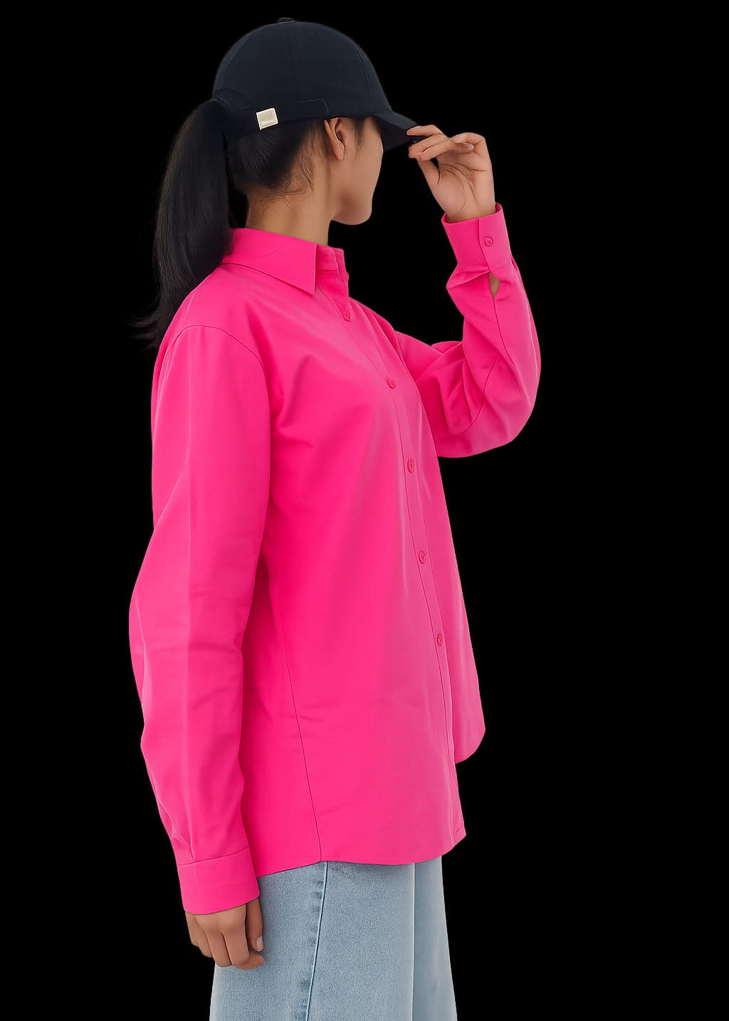 Model wearing soft pink 100% cotton button-down shirt with a clean minimal style by NUR