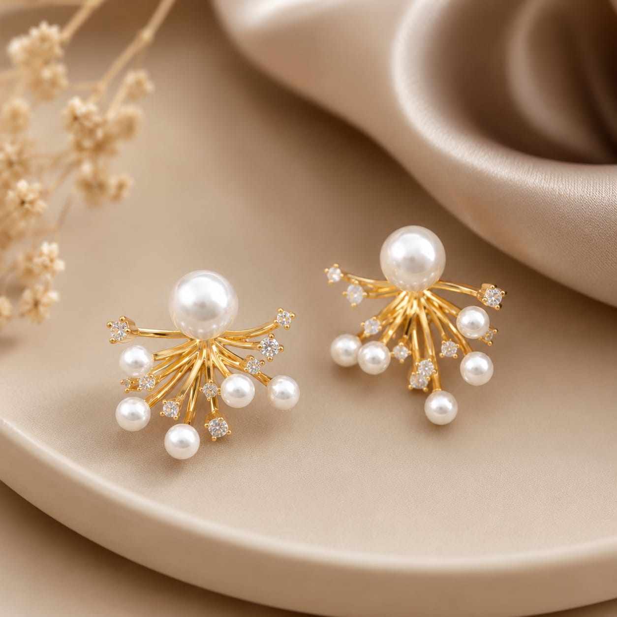 pearl sunburst stud earrings placed on neutral background aesthetic flat lay