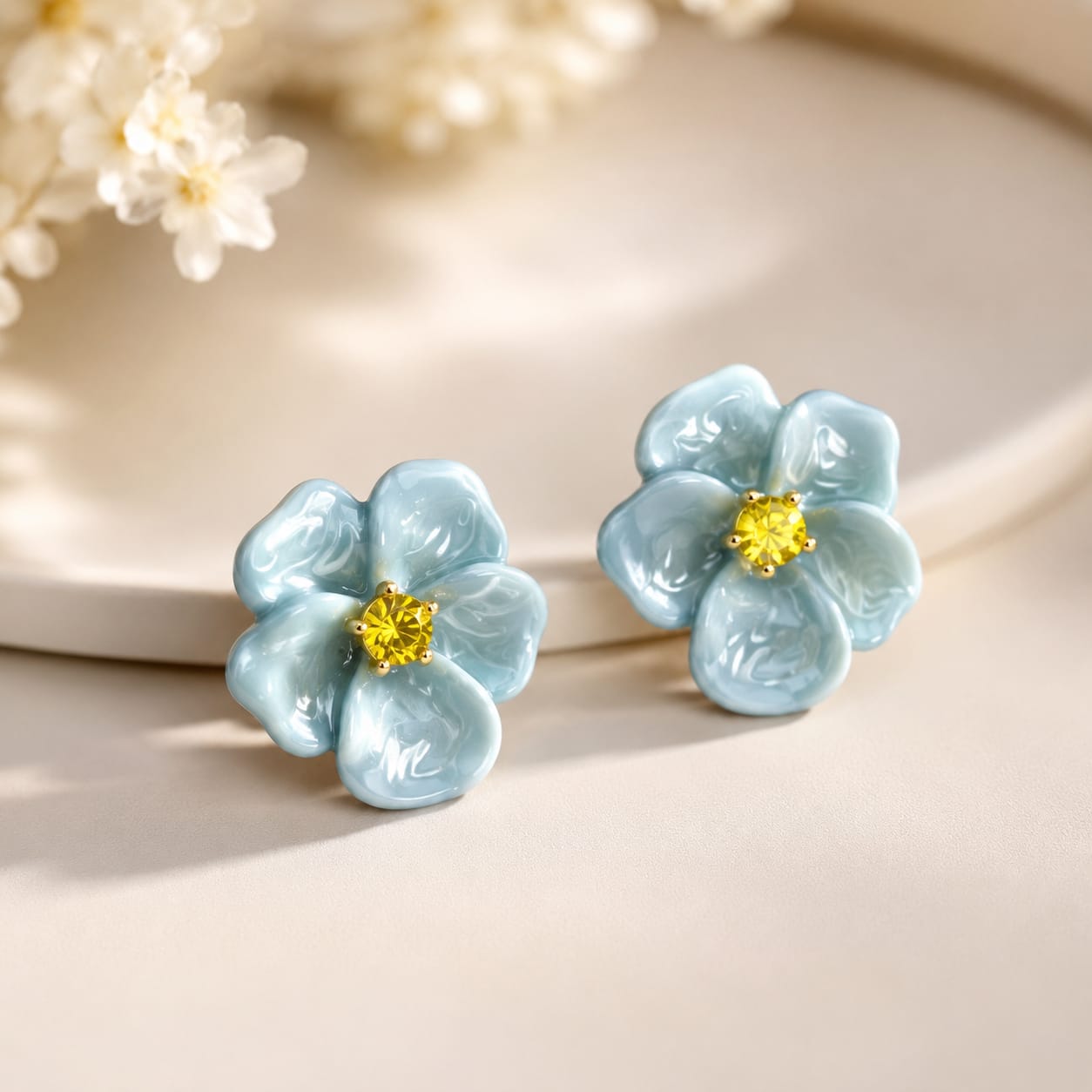 A pair of light blue flower-shaped stud earrings with textured petals and a small yellow center, displayed on a warm beige surface with soft-focus decorative flowers in the background.
