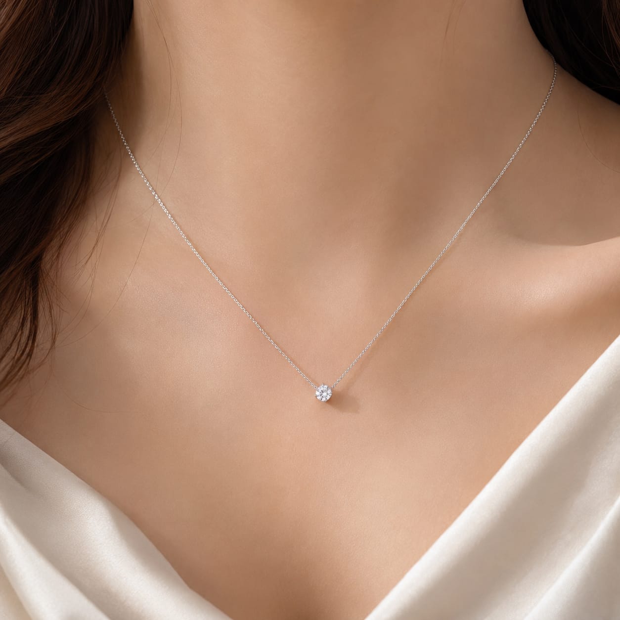 A delicate silver chain necklace with a single round clear gemstone pendant, shown worn on a model's neck against a soft cream satin top.