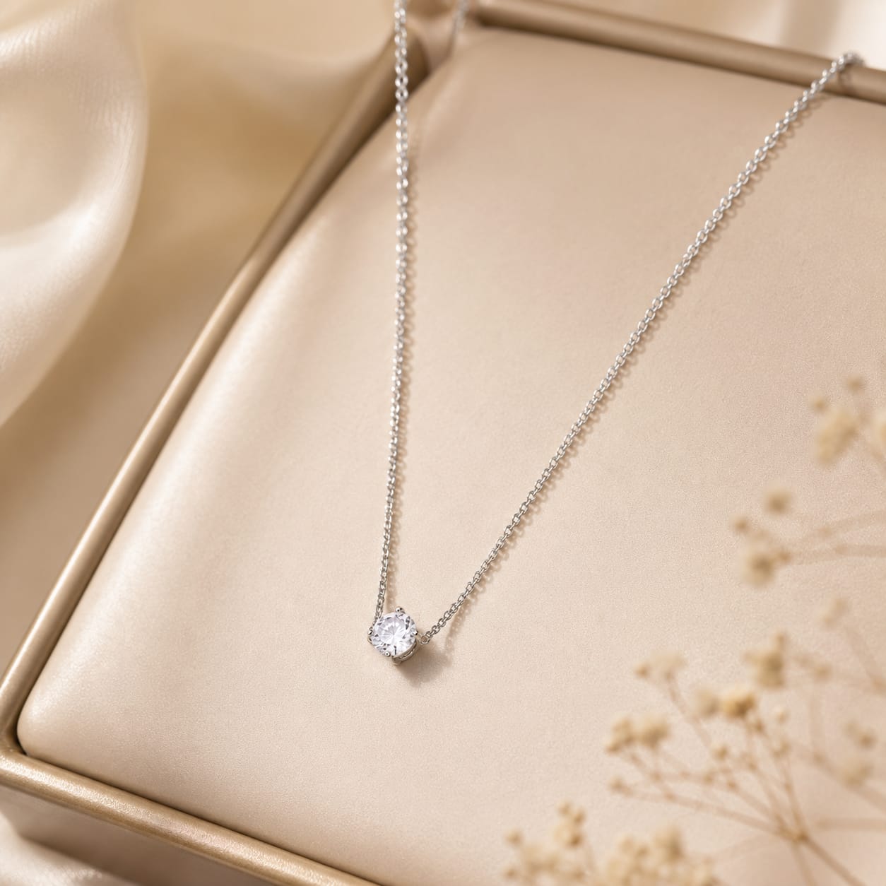 classic solitaire necklace worn by model elegant minimal everyday jewelry look