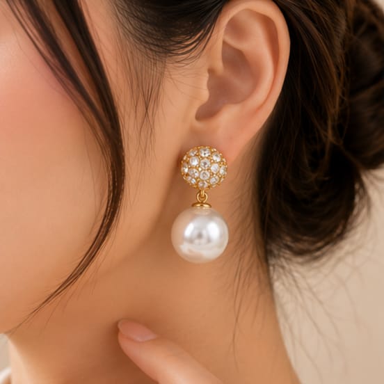 A close-up of a model's ear wearing a gold drop earring with a round crystal-studded top and a dangling white pearl.