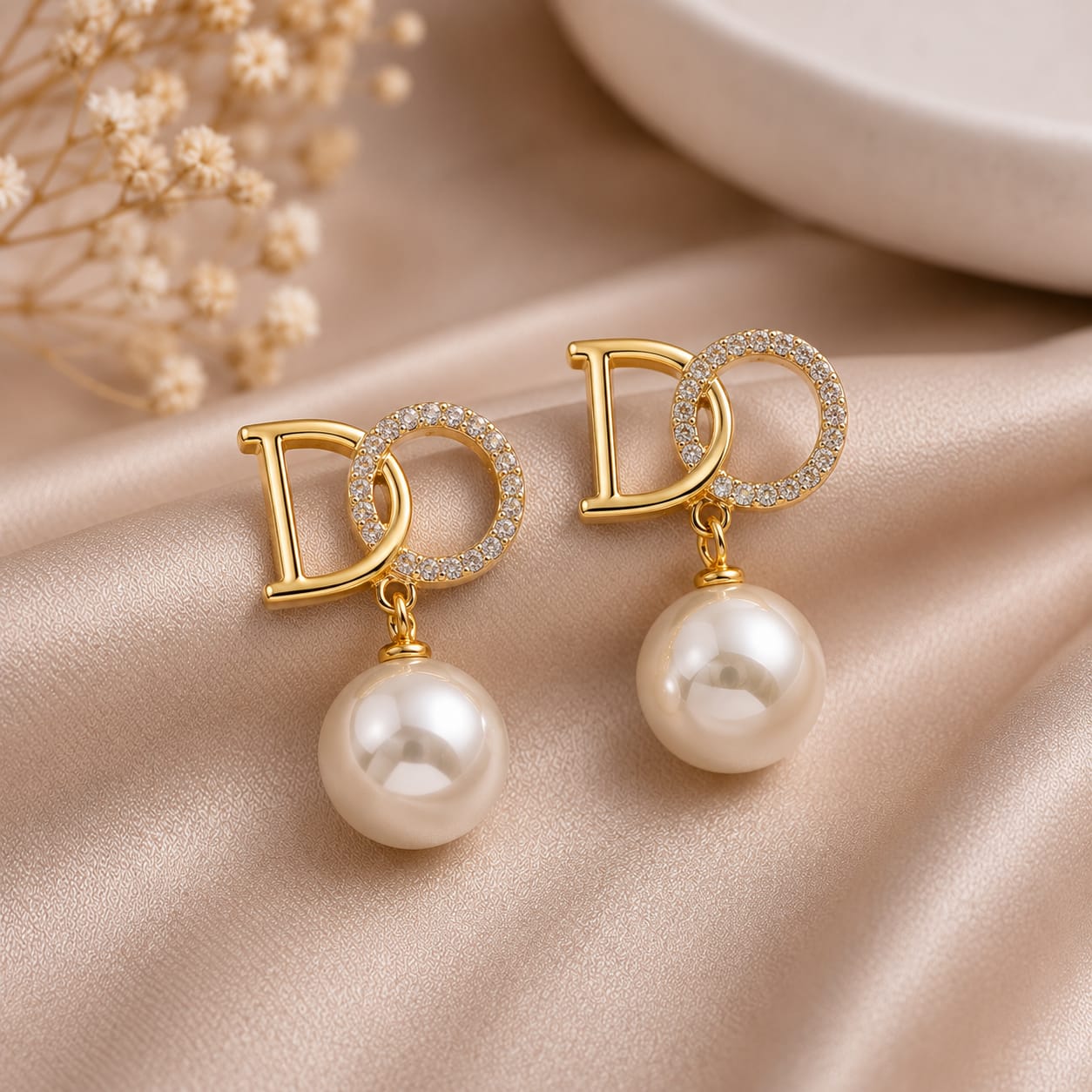 crystal pearl monogram drop earrings styled to highlight elegant drop design with pearls and crystals