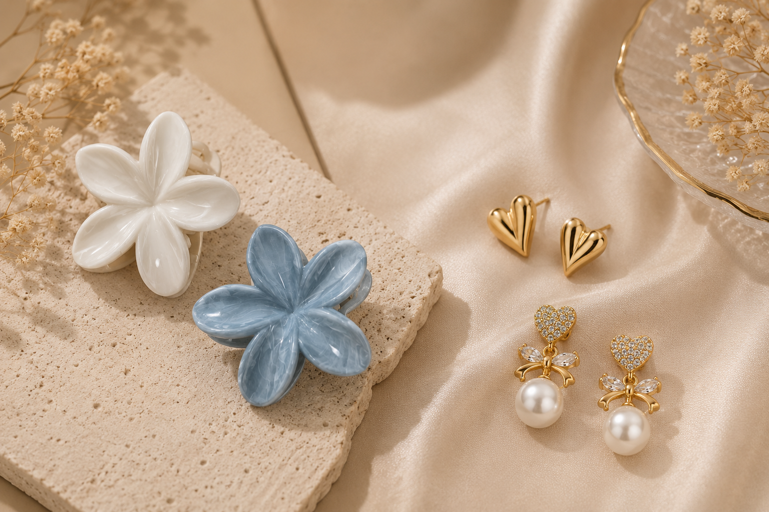 White and blue flower hair claw clips displayed with gold heart stud and pearl drop earrings on beige background