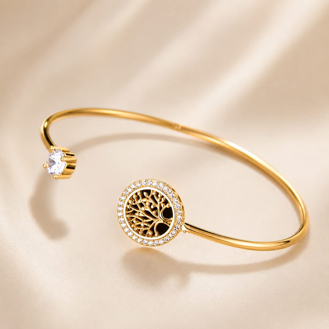 gold tree of life crystal cuff bracelet styled on wrist highlighting elegant and symbolic design