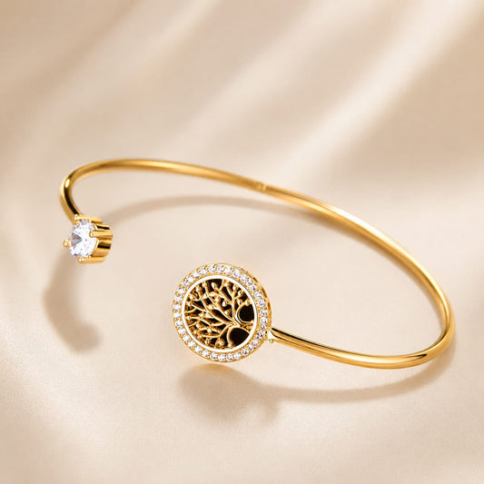 gold tree of life crystal cuff bracelet styled on wrist highlighting elegant and symbolic design