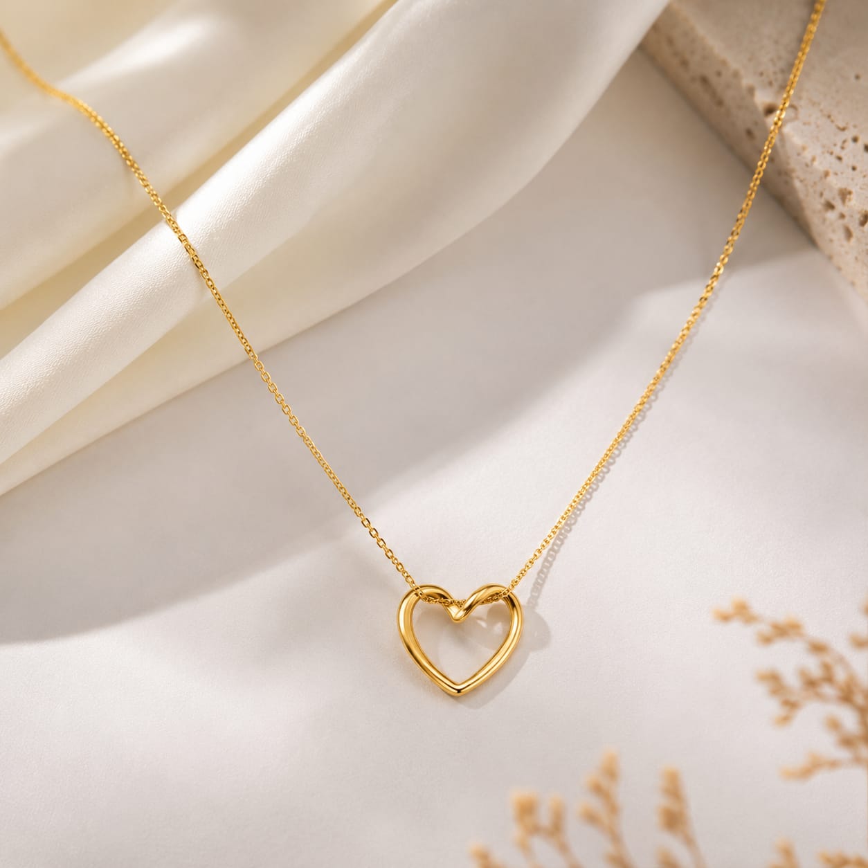 A delicate gold chain necklace with an open heart-shaped pendant, styled on draped cream satin fabric with a small decorative dried floral element in the corner.