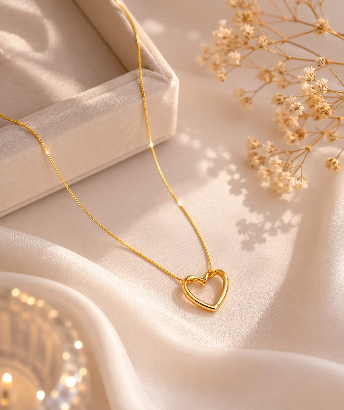 open heart necklace with delicate gold chain and minimal elegant pendant on neutral background
