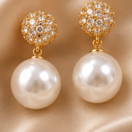 A pair of gold-plated drop earrings featuring a round stud top paved with clear rhinestones and a large white freshwater pearl dangle, displayed on a beige satin fabric background.