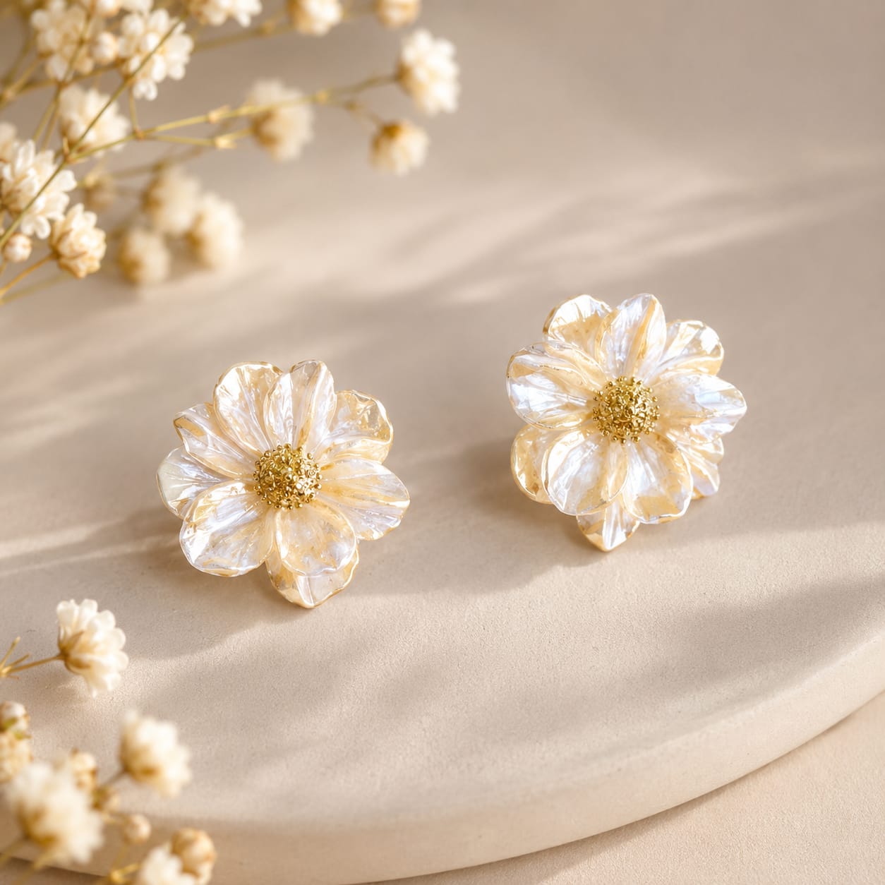A pair of flower-shaped stud earrings with iridescent white petals and gold centers, displayed on a beige surface with dried baby's breath flowers.