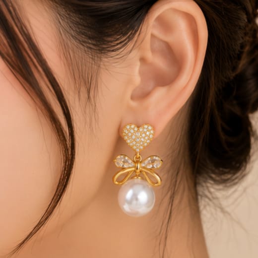 A close-up of a model's ear wearing a gold and crystal heart-shaped earring with a dangling white pearl bow.