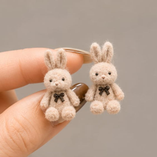 Two small fuzzy bunny-shaped earrings held between fingers against a plain gray background.