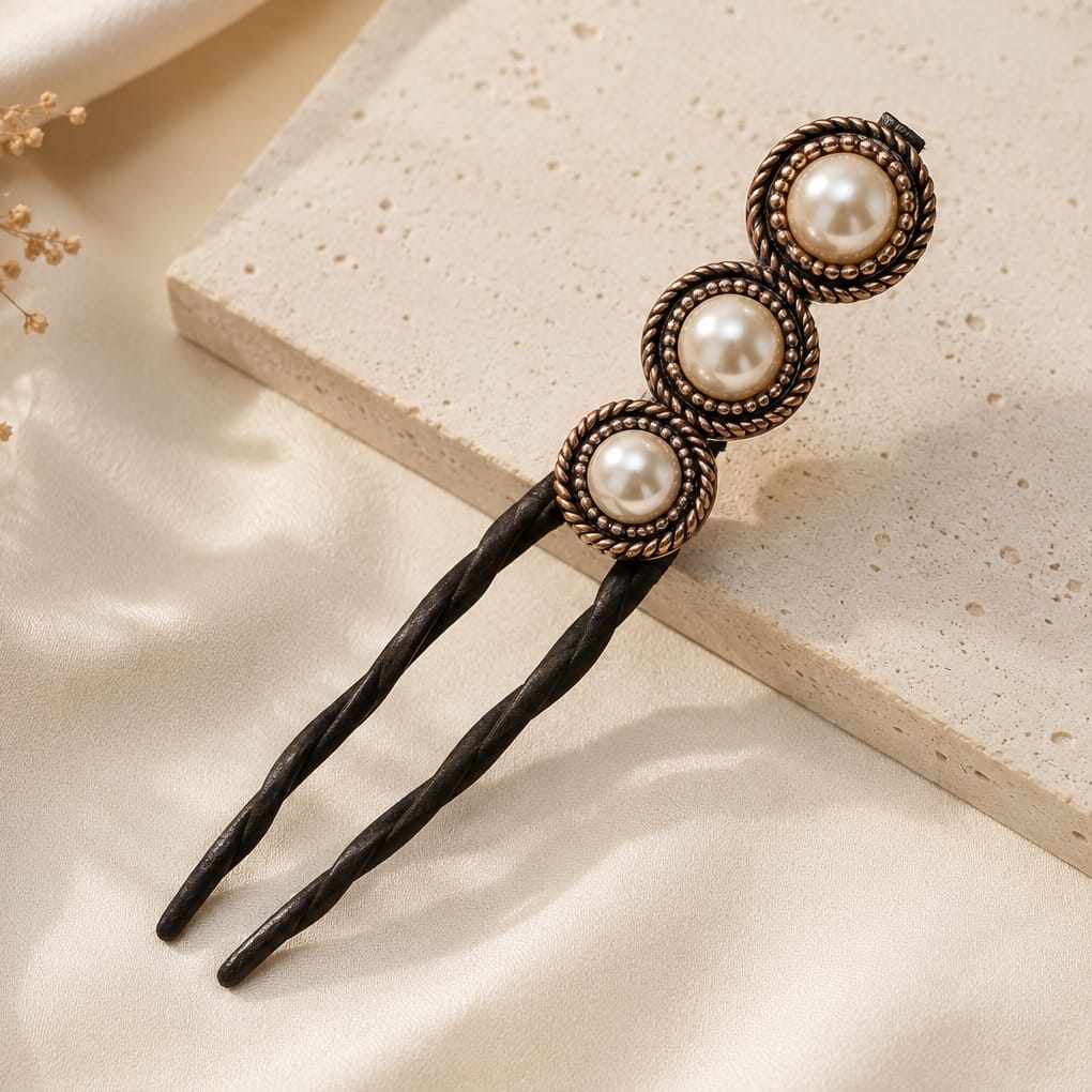 A black twisted hair pin hair comb with three stacked circular pearl-like ornaments in an antique bronze rope border, displayed on a beige stone slab and cream satin fabric.