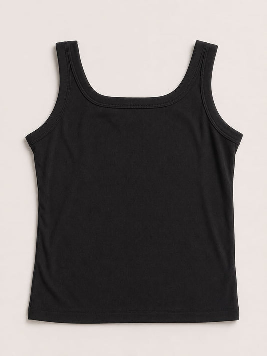 black ribbed tank top with a fitted stretch design and modern everyday style by NUR
