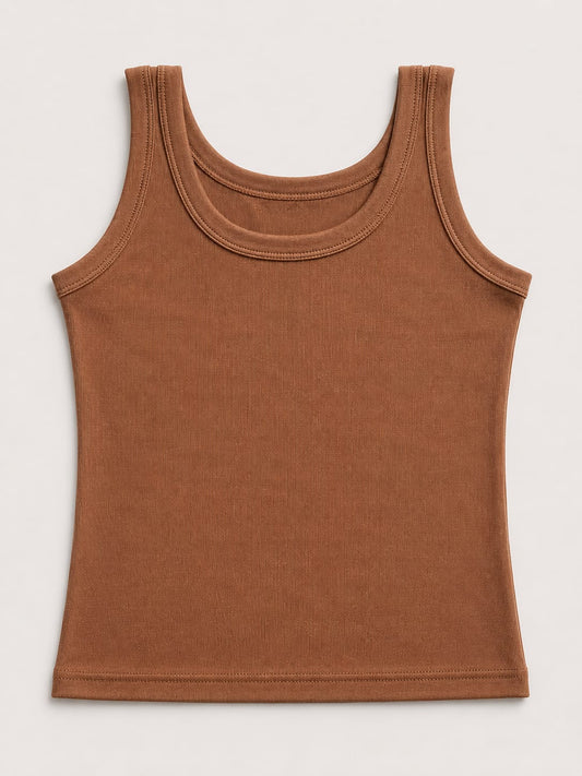 brown ribbed tank top with a fitted stretch design and modern everyday style by NUR