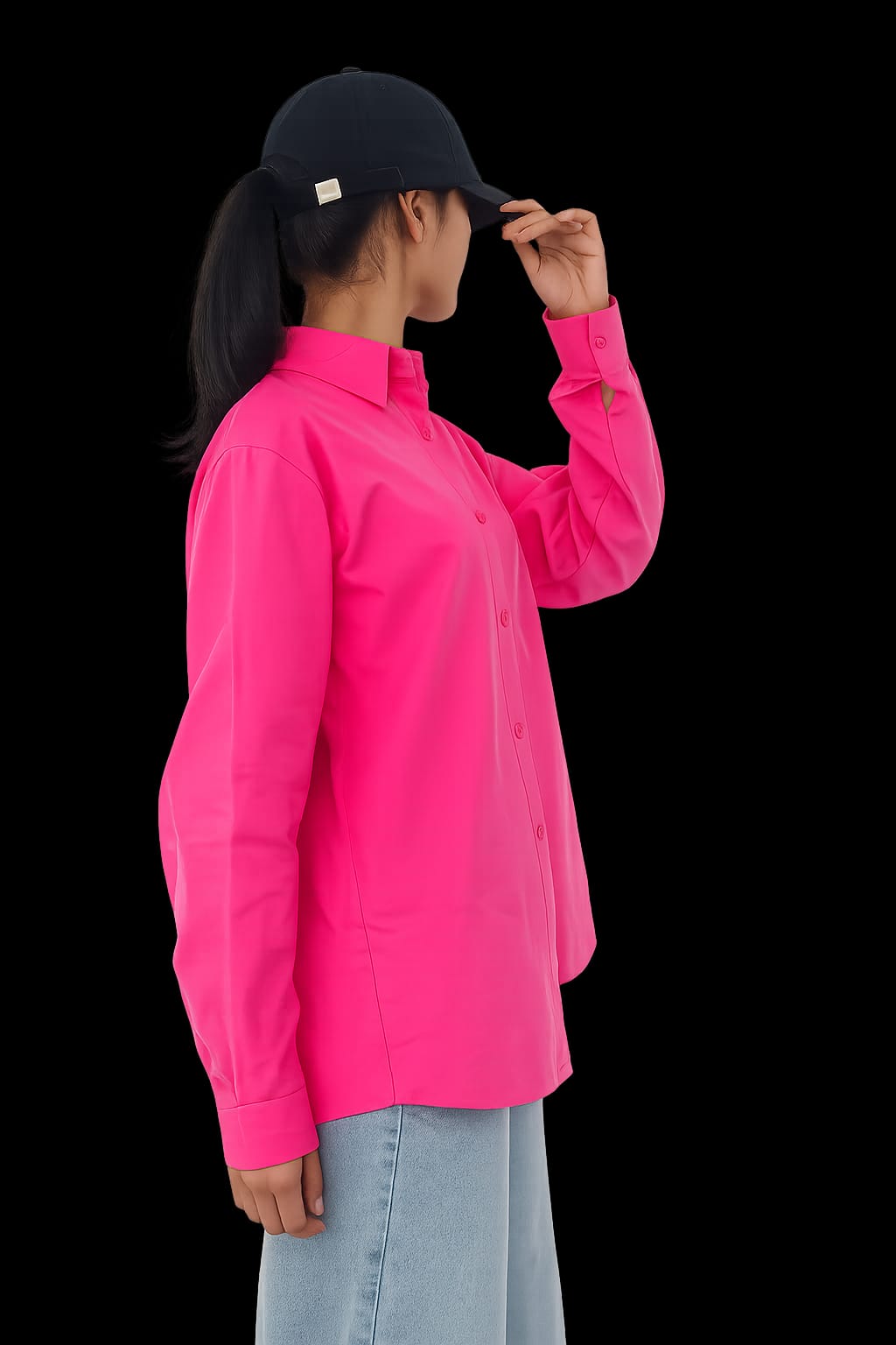 Model wearing soft pink 100% cotton button-down shirt with a clean minimal style by NUR